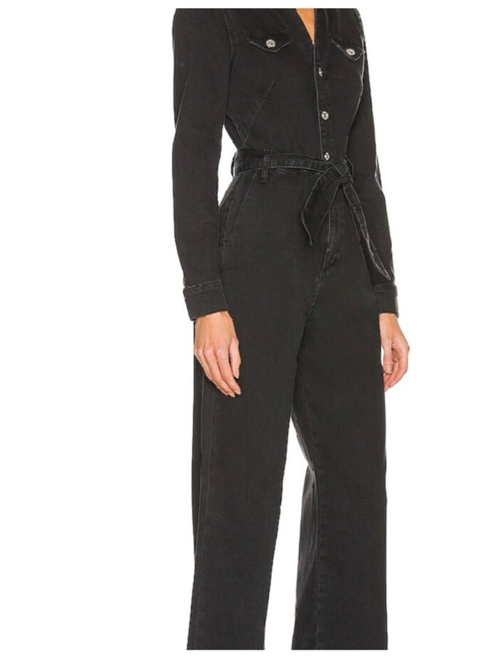 PAIGE Black High-Waist Wide-Leg Denim Jumpsuit with Tie Belt